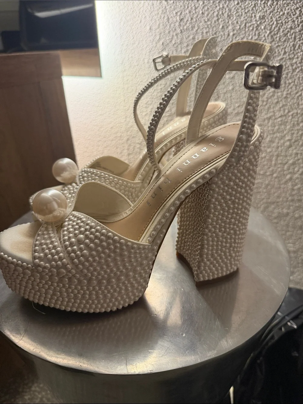 Pearl-Embellished Cream Platform Sandals with Ankle Strap